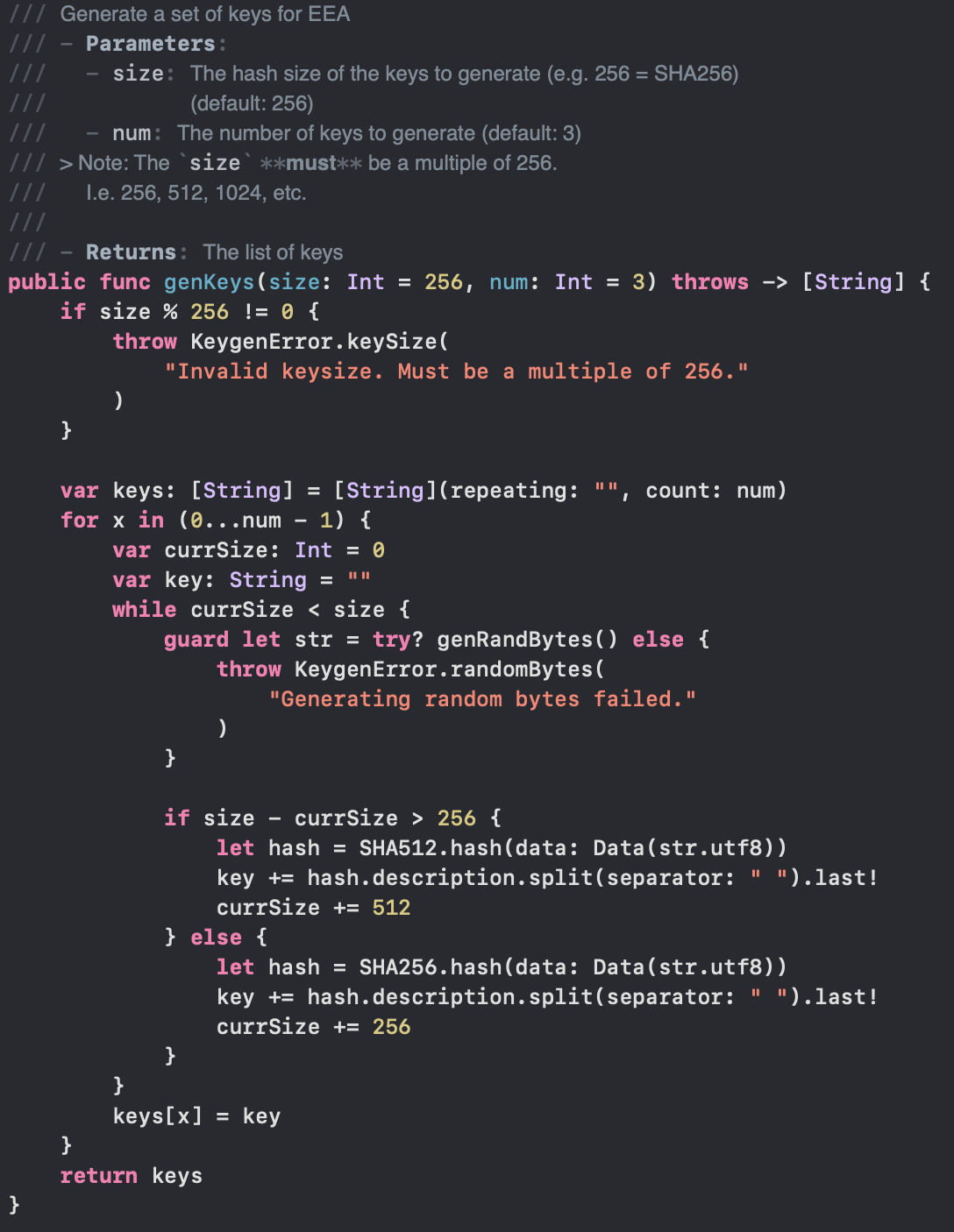 Implementation of EEA key generation in Swift