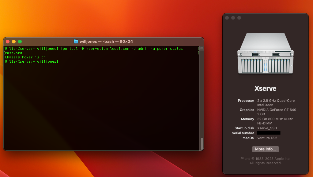 Apple Xserve running macOS Ventura 13.2 with working LOM