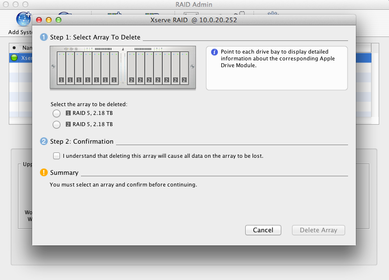 Settings to delete a RAID Array  on the Xserve RAID