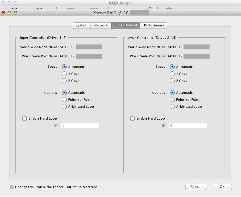  Xserve RAID Fibre Channel settings configuration menu