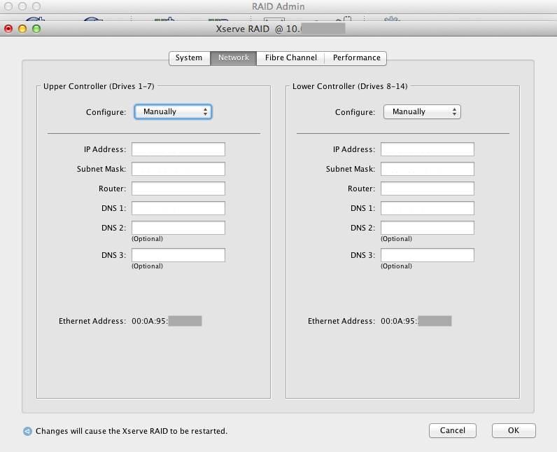  Xserve RAID Network settings configuration menu