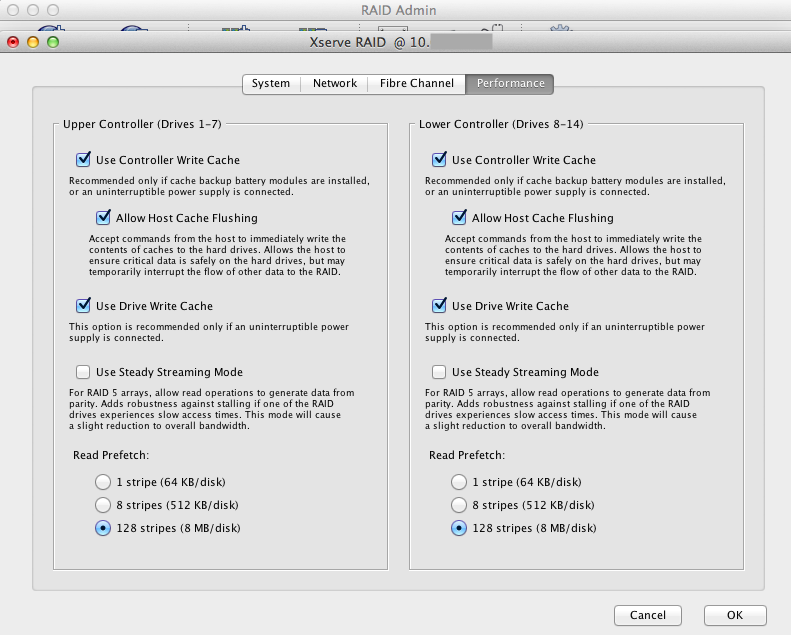 S Xserve RAID Performance settings configuration menu