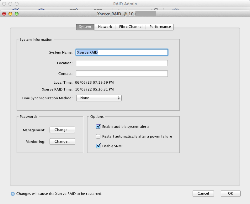 Xserve RAID System settings configuration menu